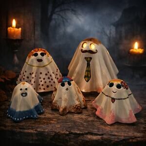 Handcrafted Studio Pottery Ghost Family Artist Signed Ceramic Halloween Decor